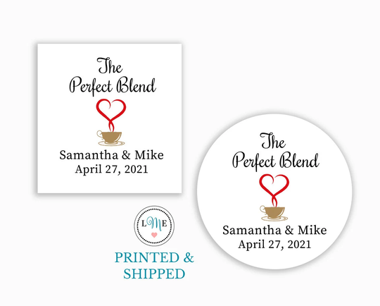 The Perfect Blend Wedding Favor Stickers, Engagement Party Coffee Labels, Personalized Waterproof & Tear Resistant Labels