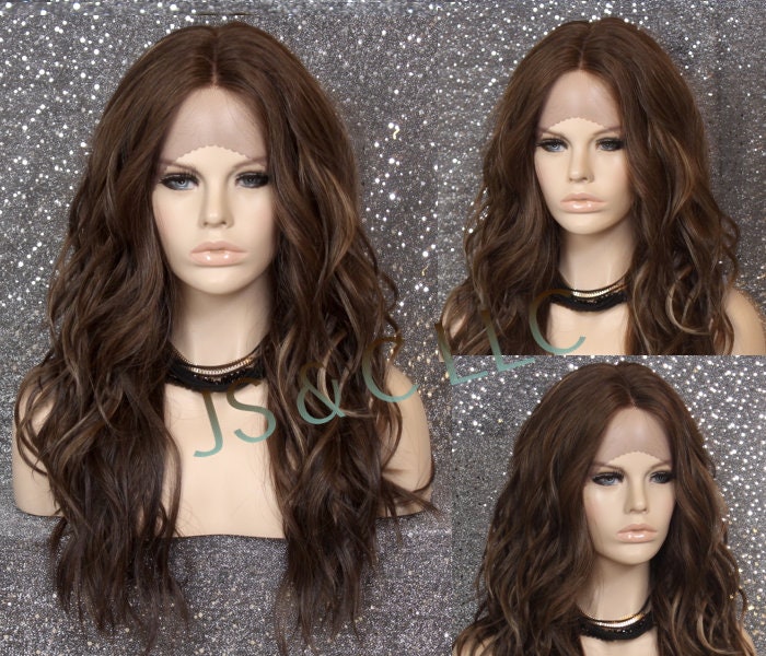 Caramel Brown Mix Human Hair Blend Wig Natural Relaxed Beachy Waves Hand Tied Monofilament Center Part Heat Ok Cancer/Alopecia/Cosplay