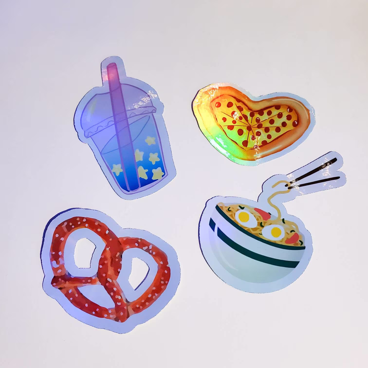 Foodie Sticker Pack Or Single Stickers - Holographic Waterproof Pizza Heart Pretzel Boba Ramen 90 Y2K Mall Cute Food Doodles Original Art