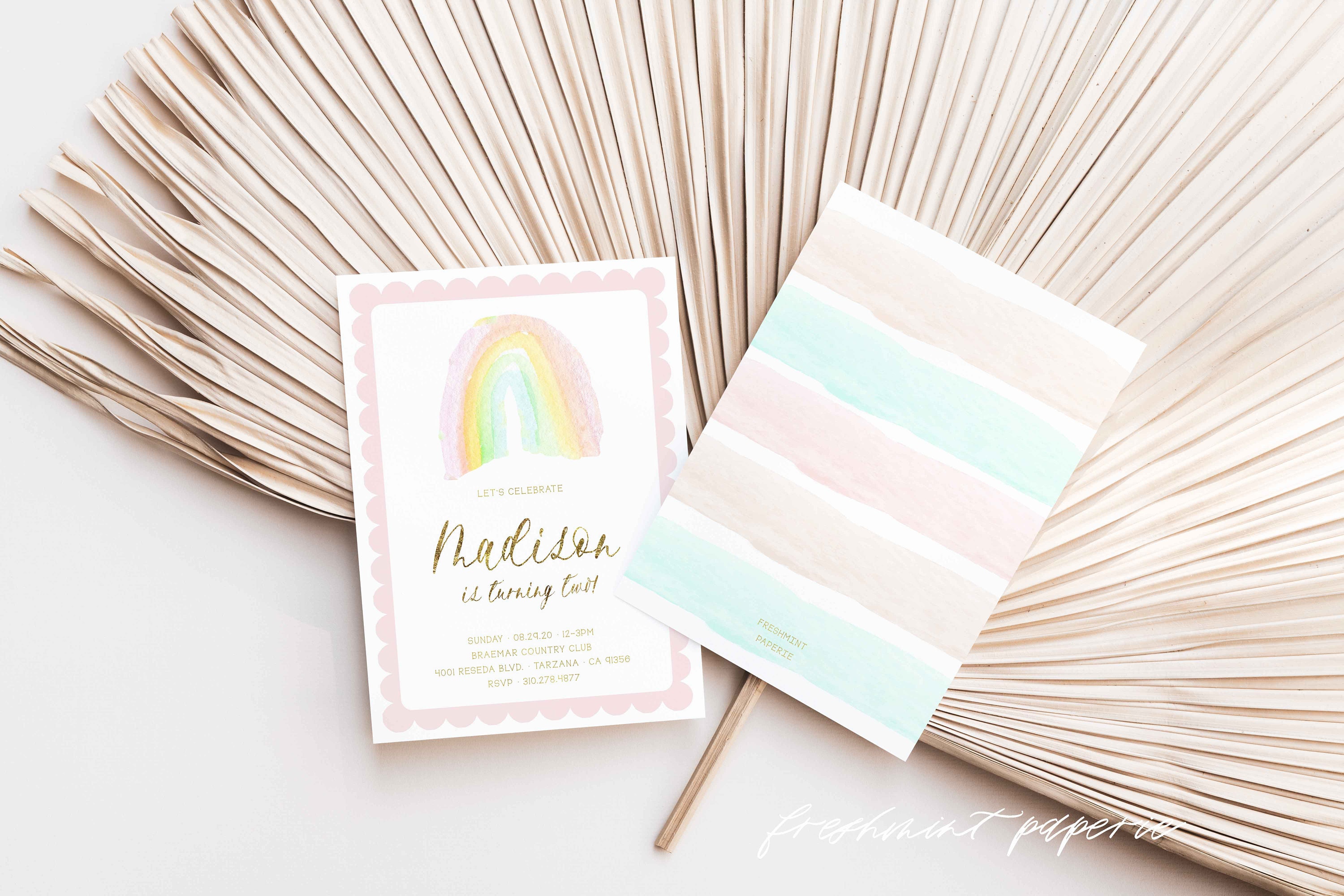 Rainbow Invitation - Birthday Invitation Girls Watercolor Pink