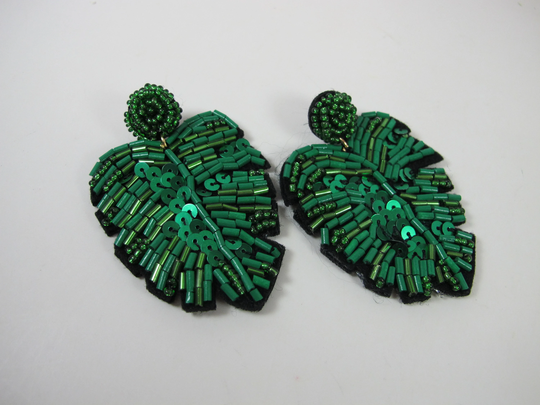 Forest Green Monstera Leaf Earrings, Statement Bright Beaded Boho Fun Summer Jewelry