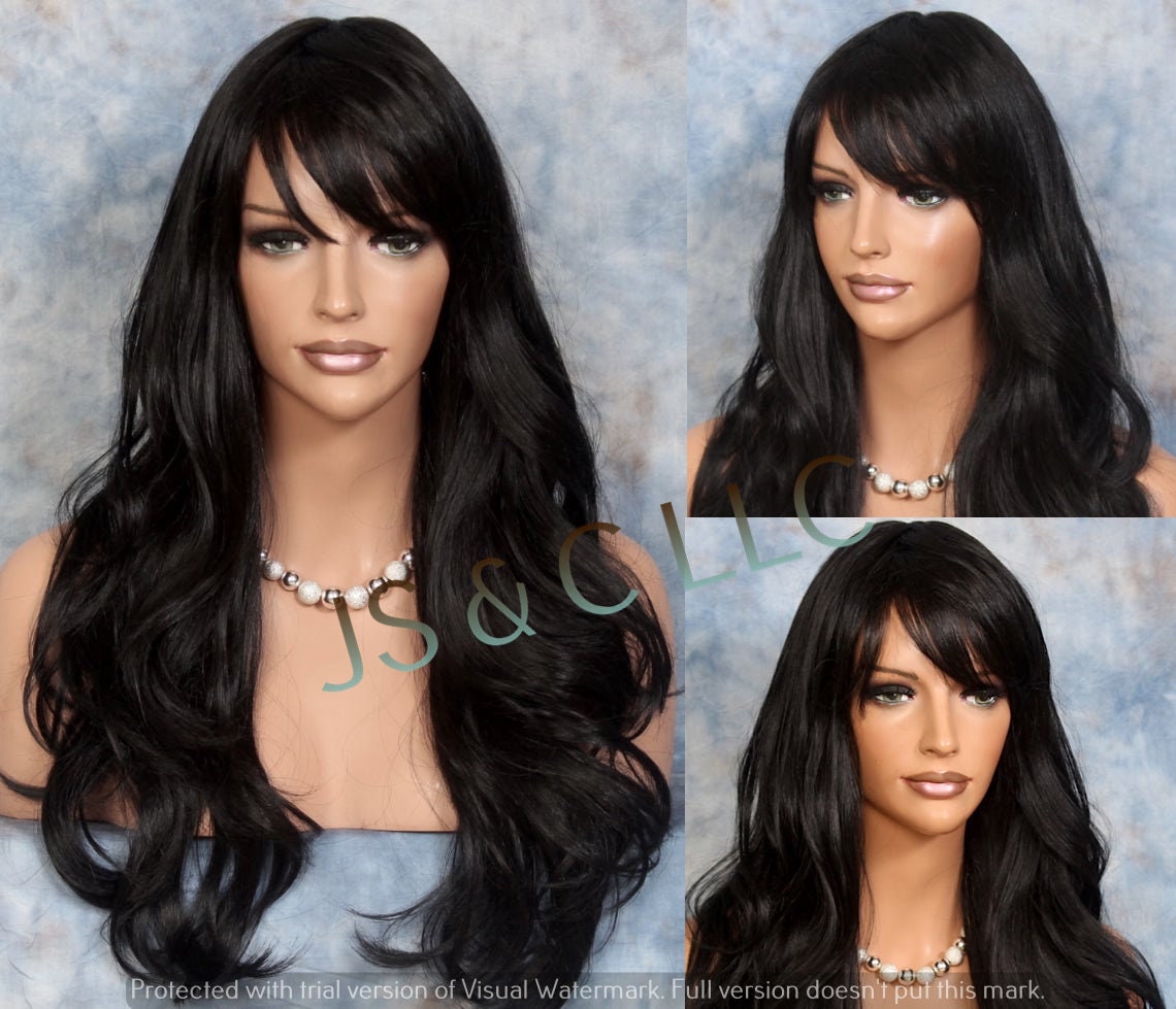 stunning Human Hair Blend Wig Black Long Layered Wavy Full Heat Resistant N Bangs Cancer/Alopecia/Cosplay/Anime
