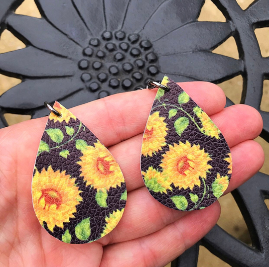 Sunflowers Faux Leather Single Teardrop Earrings