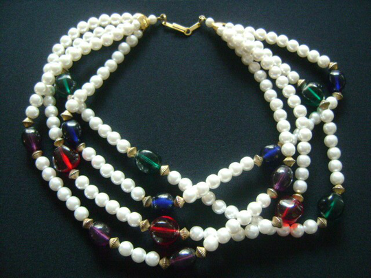 Vintage V A Classic Faux Pearls Beads With Red Green Blue Purple Glass 4-Strands Fancy Glamorous Evening Opera Gatsby Torsade Style Necklace
