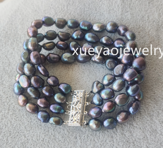 Pearl Bracelet, 4 Rows 8-9mm Black Freshwater Bracelet