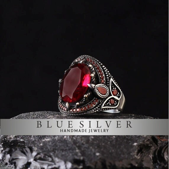 Mens Ring Red Zircon Stone, Gem Silver 925K Ring, Handmade Jewelry Gift For Him & Her