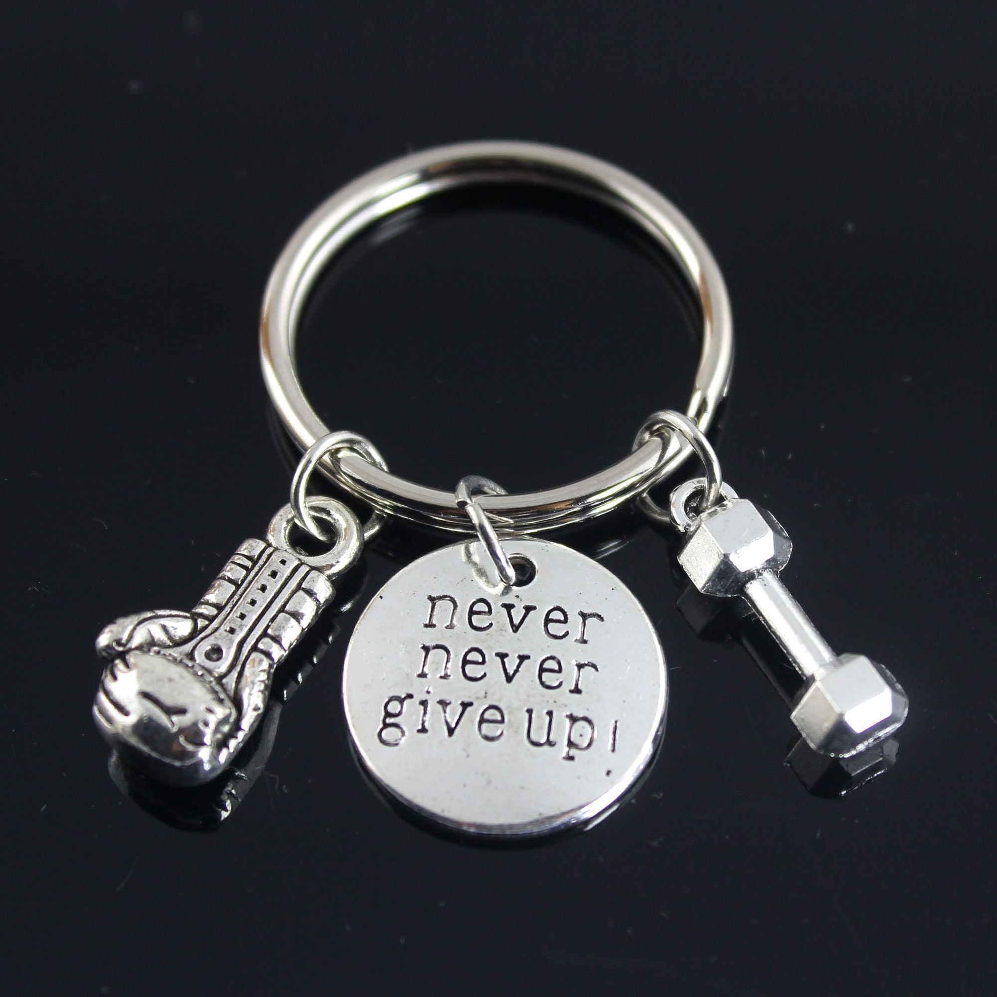 Never Give Up Keychain, Barbell Keychain, Progress Keyring, Dumbbell Keychian, Boxing Gloves Keychain, Gym Gifts, Boy Friend Gift