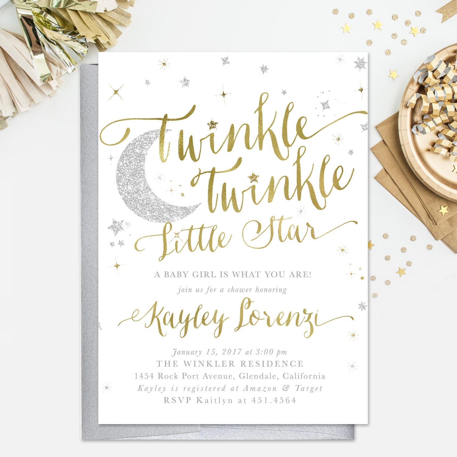 Twinkle Little Star Baby Shower Invitation, Sprinkle Girl Or Boy White Gold & Silver Party, Invite