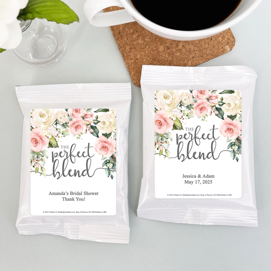The Perfect Blend Wedding Favor Coffee, Pink & White Floral Wedding, Personalized Coffee Favors, Bridal Shower Favors - Set Of 30
