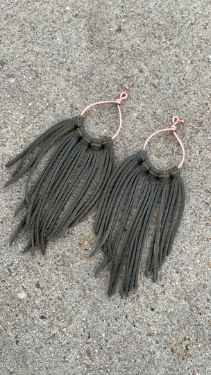 Copper & Olive Petite Boho Leather Fringe Earrings, Jewelry, Green