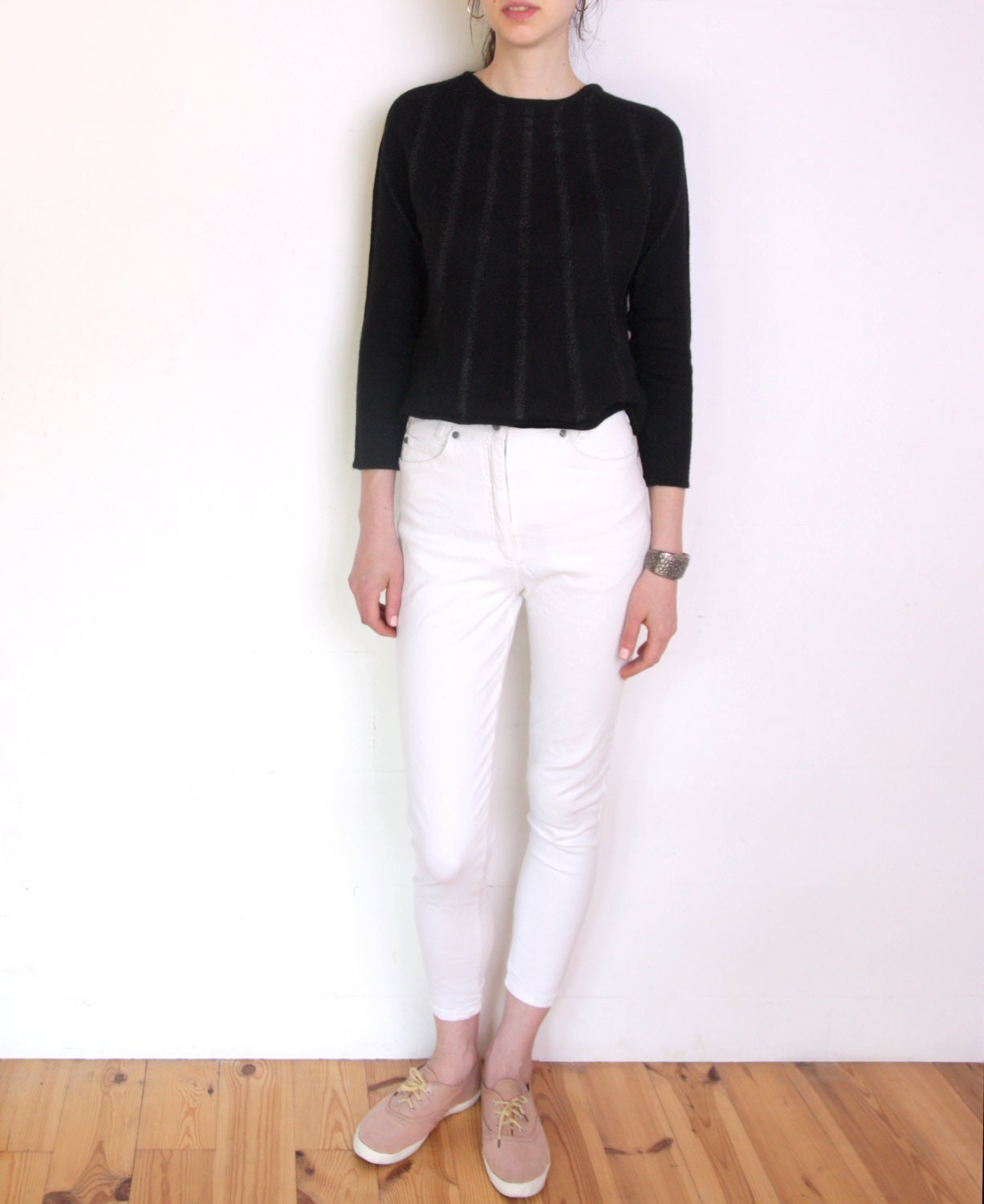 80's Sheer Shiny Stripes Merino Blend Black Sweater, Wool Short Warm Grunge Minimalist Sweater