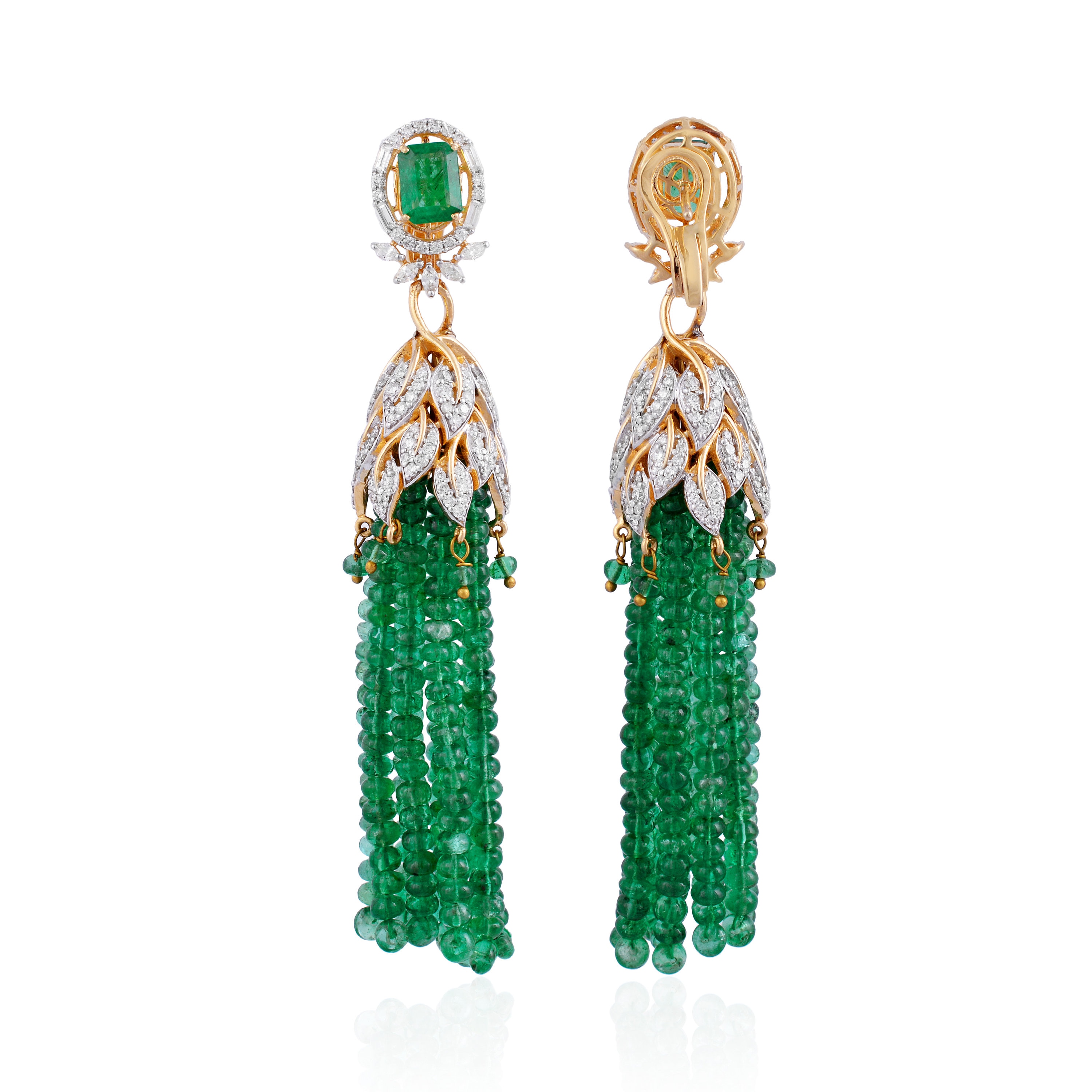 Emerald Earrings, Natural Emerald, Tassel Beaded Diamond 14K Gold Gemstone Jewelry