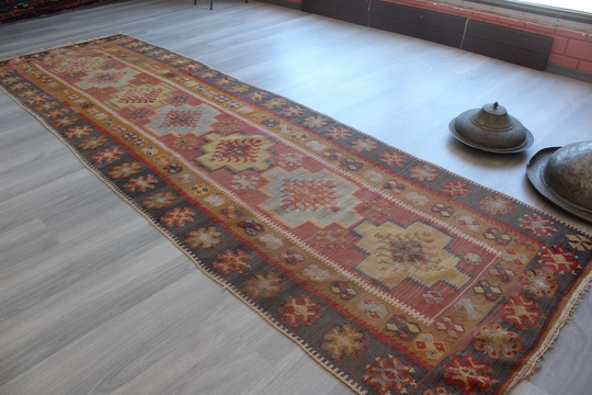 3'x11' Vintage Kilim Runner, Ethnic Anatolian Runner Rug, Bohemian Runner/ N-967/3'3"x11'2" Feet