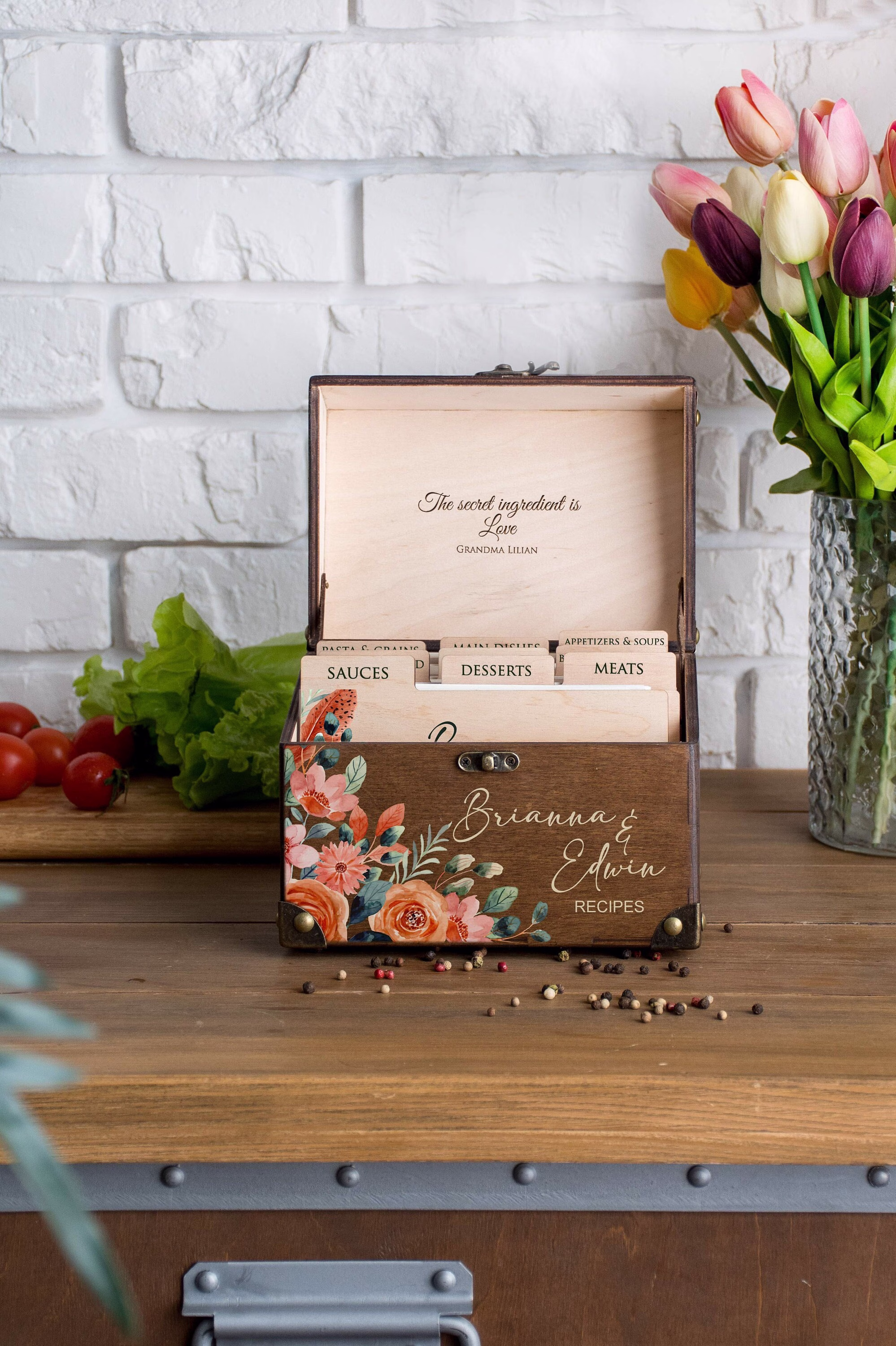 Boho Wedding Recipe Box 4x6 Personalized Bridal Shower Gift Idea Wooden Organizer With Dividers & Cards Floral Card