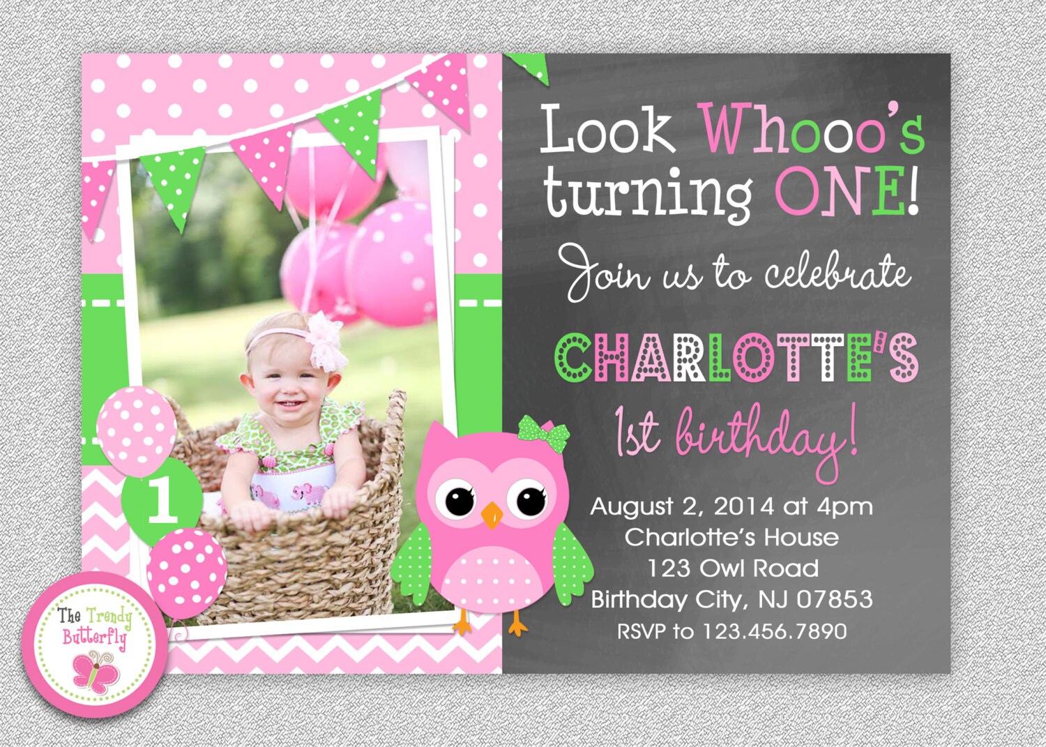 Owl Birthday Invitation , Girls Invitations, 1st Party, Pink & Green Printed Invitations