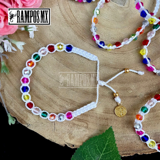Mexican San Benito Woven Crystal Look Bracelet, Adjustable Bracelet, Handmade Braided Rainbow, Brazalete Pulcera Tejido Mano