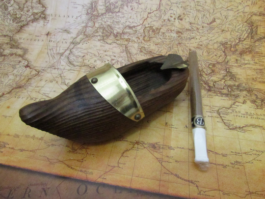 Vintage Carved Wooden Clog Ashtray Netherlands Souvenir Dutch Shoe Wood Tobacciana Brass Accents Never Used