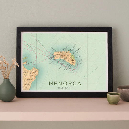 Framed Menorca Map Print, Balearic Island Poster, Mediterranean Sea, Spain Map, Wall Art Decor, Personalised Travel Gift For A Couple
