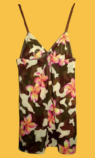 Brown Military Print & Pink Flowers Mesh Tank Dress M
