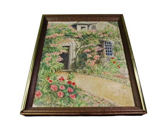 Vintage Painting Cottage Garden Scene Castle Mid Century Original Signed Gallery Wall Art