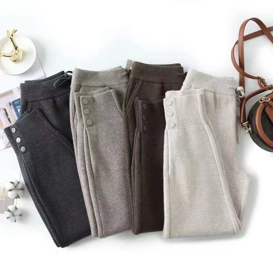 Wool Cashmere Blend Pants With Drawstring, Pull Up Ankle Length Trouser, Button Trimmed