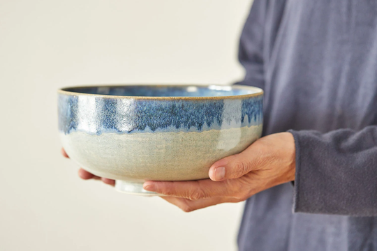 Large Ceramic Salad Serving Bowl, Gray & Blue Greek Style Pottery Soup Handmade Marbled Mother Christmas Gift