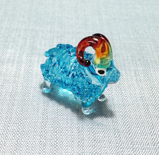 Hand Blown Glass Miniature Funny Ram Aries Sheep Animal Cute Light Blue Brown Figurine Statue Decoration Collectible Small Craft Painted