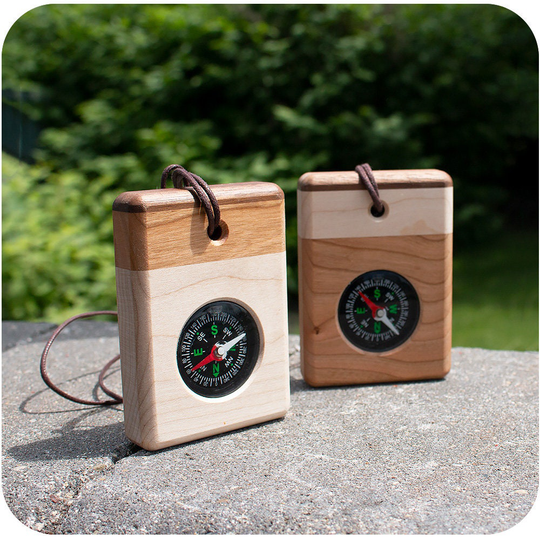 Directional Wood Pocket Compass Fluid Filled On Strap | Maple Or Cherry Bottom