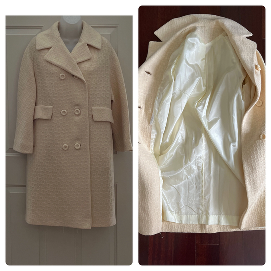 60S 70S Pale Yellow Ladies Overcoat, Wool Blend Dress Coat, Jackie O Style Vintage Long Winter Ilgwu, Fits Todays M