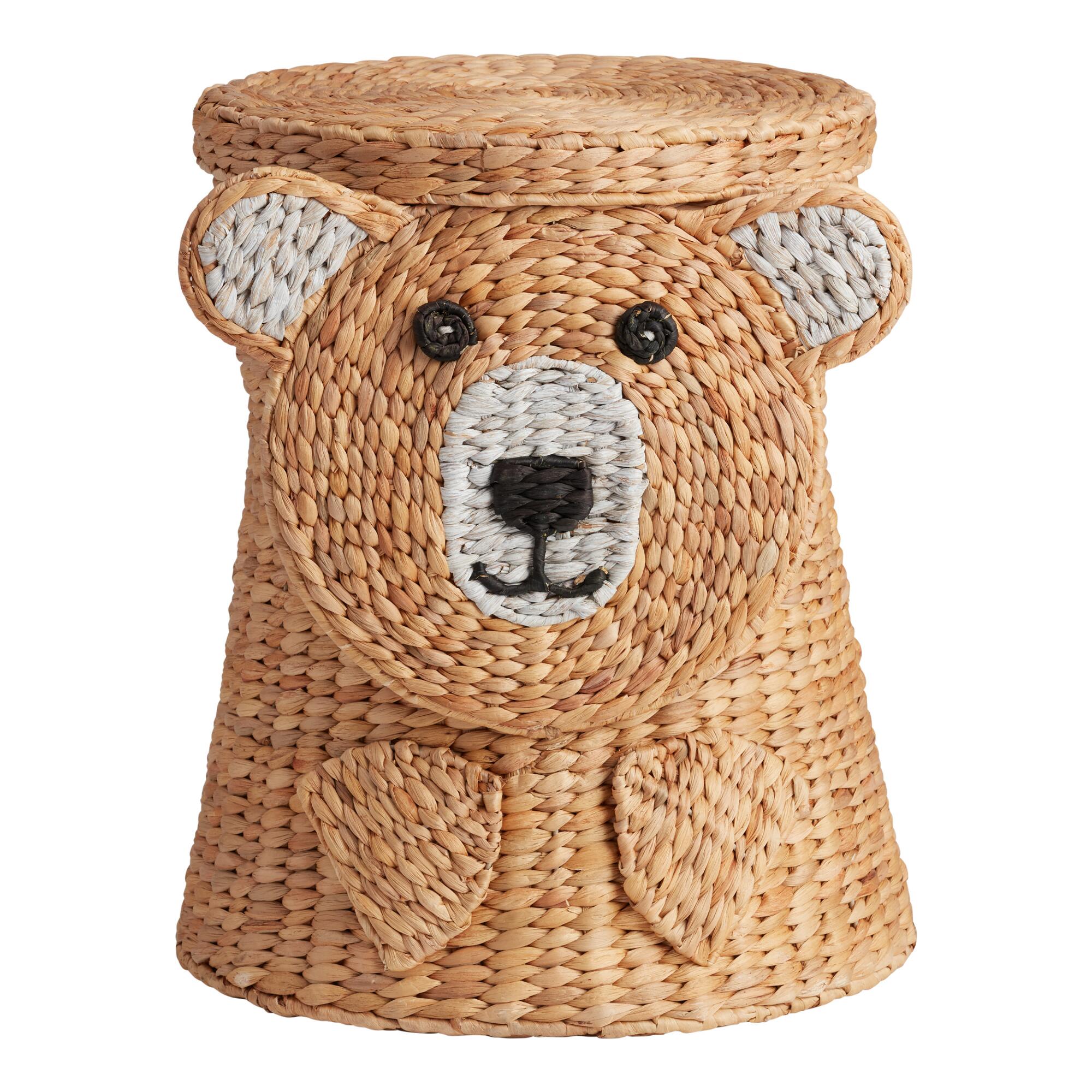 Natural Hyacinth Bear Buddy Basket with Lid: White - Wood by World Market