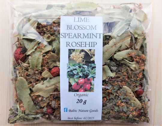 Organic Herbal Blend Tea Spearmint Tops, Lemon-Balm, Wild Rosehip Fruits, 2022 Harvest, Mentha Spicata, Melissa Officinalis, Rosa Canina