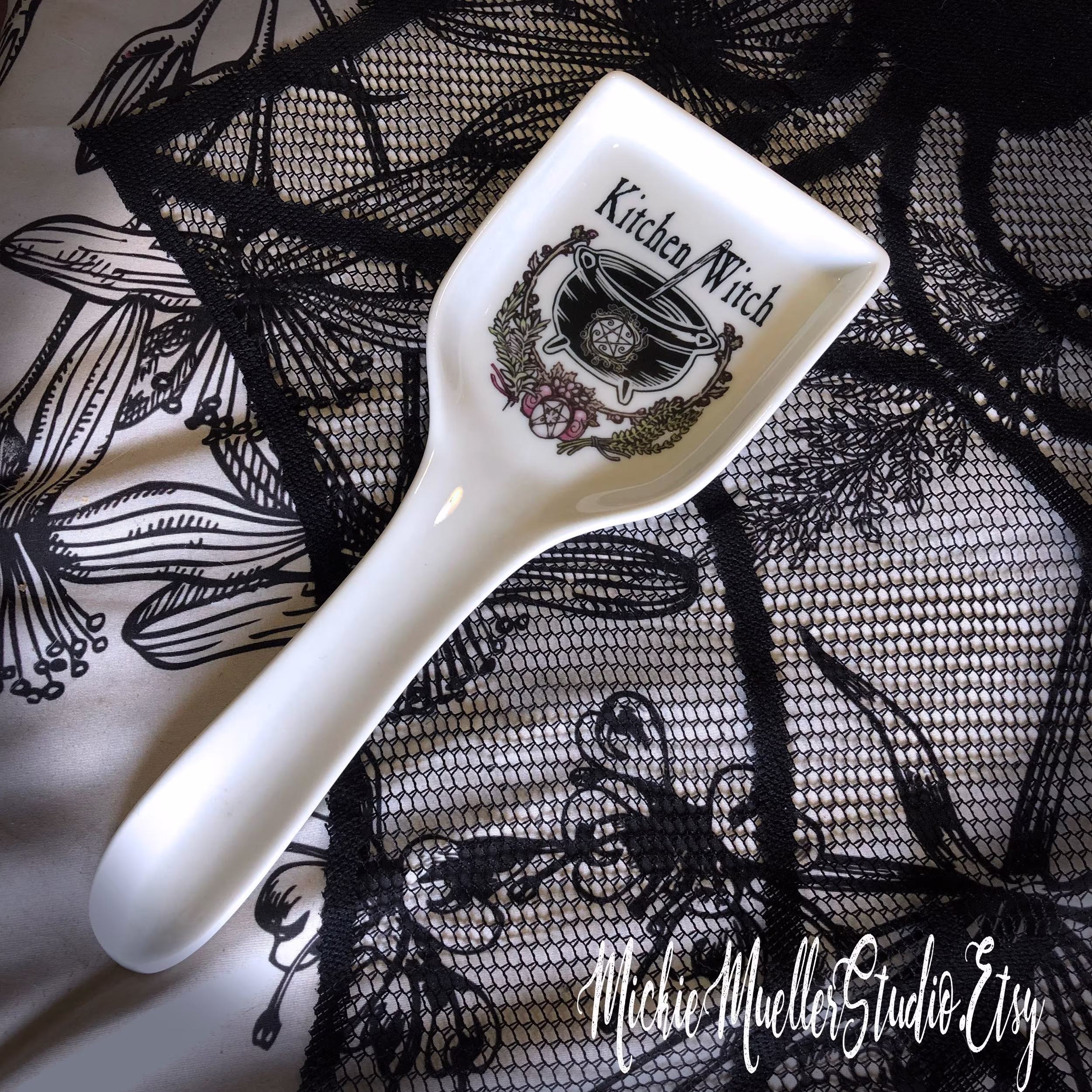 Porcelain Kitchen Witch Cauldron Spoon Rest