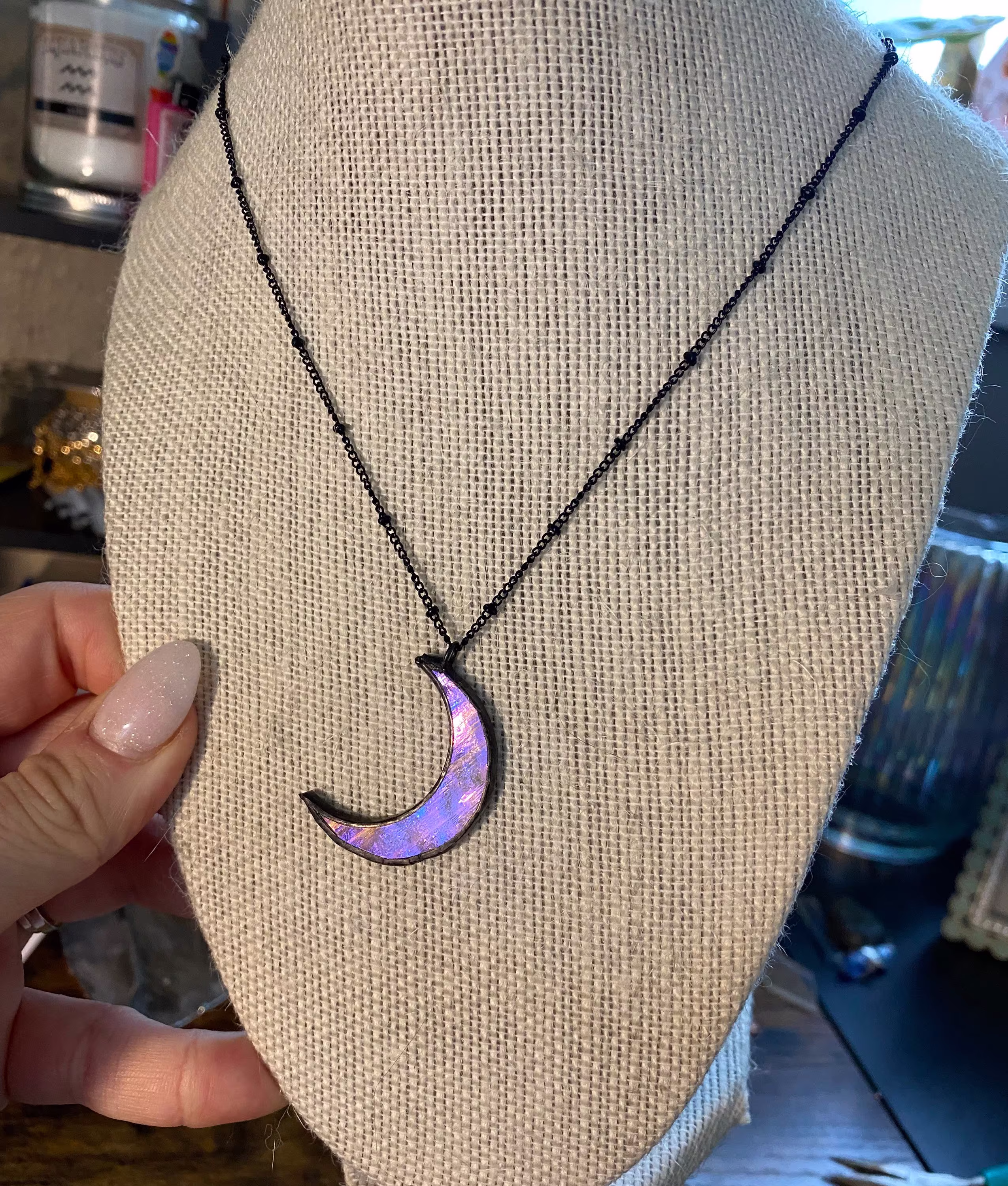 stained Glass Led Free Crescent Moon Necklace Black Finish