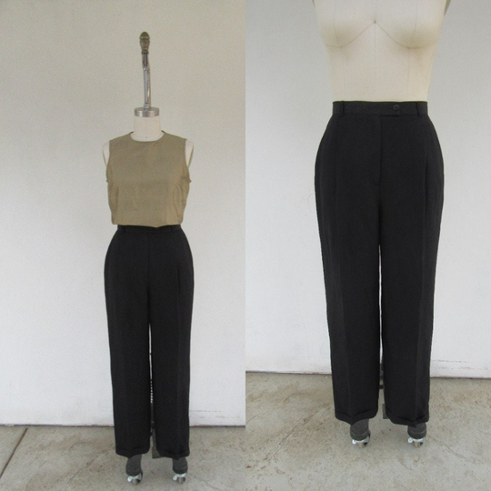 90S Black High Waist Pleated Linen Blend Trousers | Minimalist Dark Academia Cuffed Pants Slacks Business Casual 29 Size 12