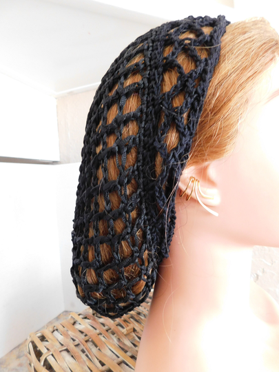 Black Hair Snood Net . New Exclusive Pattern Unique Fits Most All Accent/Control No Drastic Elastics Crocheted Ribbon