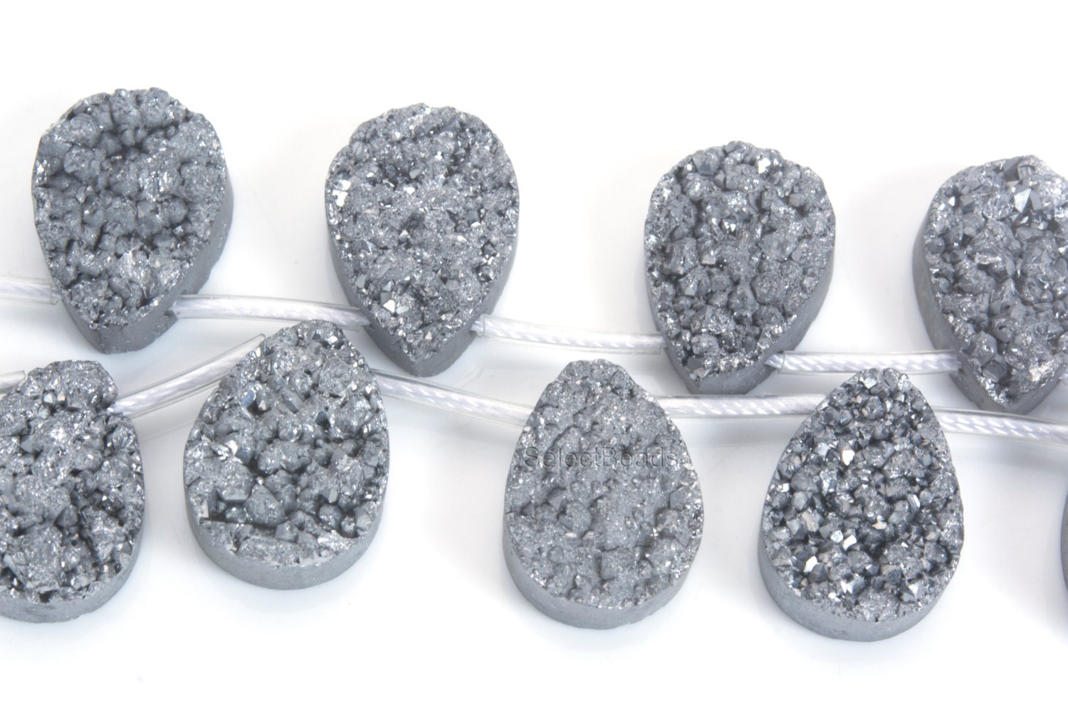 Grey Druzy Crystal Quartz Gemstone Beads - Gray Metallic Teardrops Titanium Drusy For Jewelry Making -5 Pcs