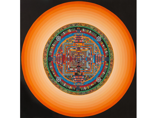 Orange Halo Kalachakra Mandala | Buddhist Tibetan Hand Painting Religions & Spirituality Wall Hanging Art Compassion Yoga