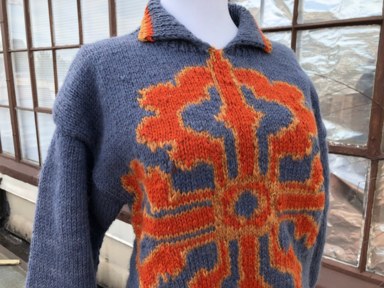 70S Wool Slate Blue Gray Chunky Thick Knit Handmade Ski Sweater Intarsia Snowflake Rust Brown Nordic Size S Womens Vintage 60S 1970S 1960S