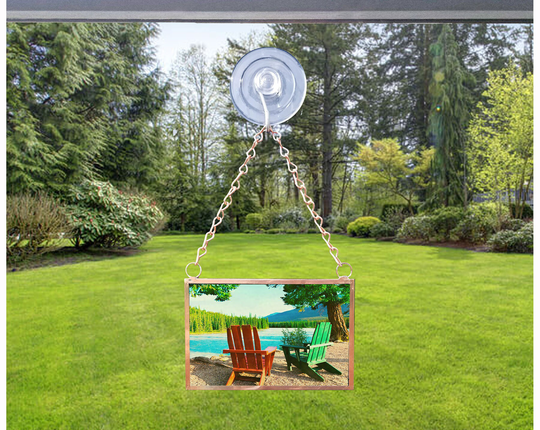 Suncatcher, Beautiful View, Lake, Camping, Adirondack Chairs, Copper Chain, Glass, Sunspot