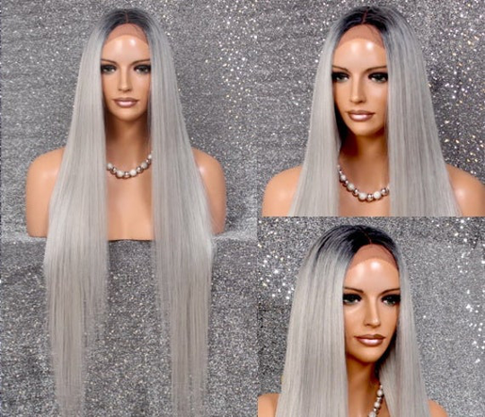 45" Human Hair Blend Lace Front Wig Hand Tied Center Part Straight Heat Safe Grey W Black Roots Cancer/Alopecia/Cosplay