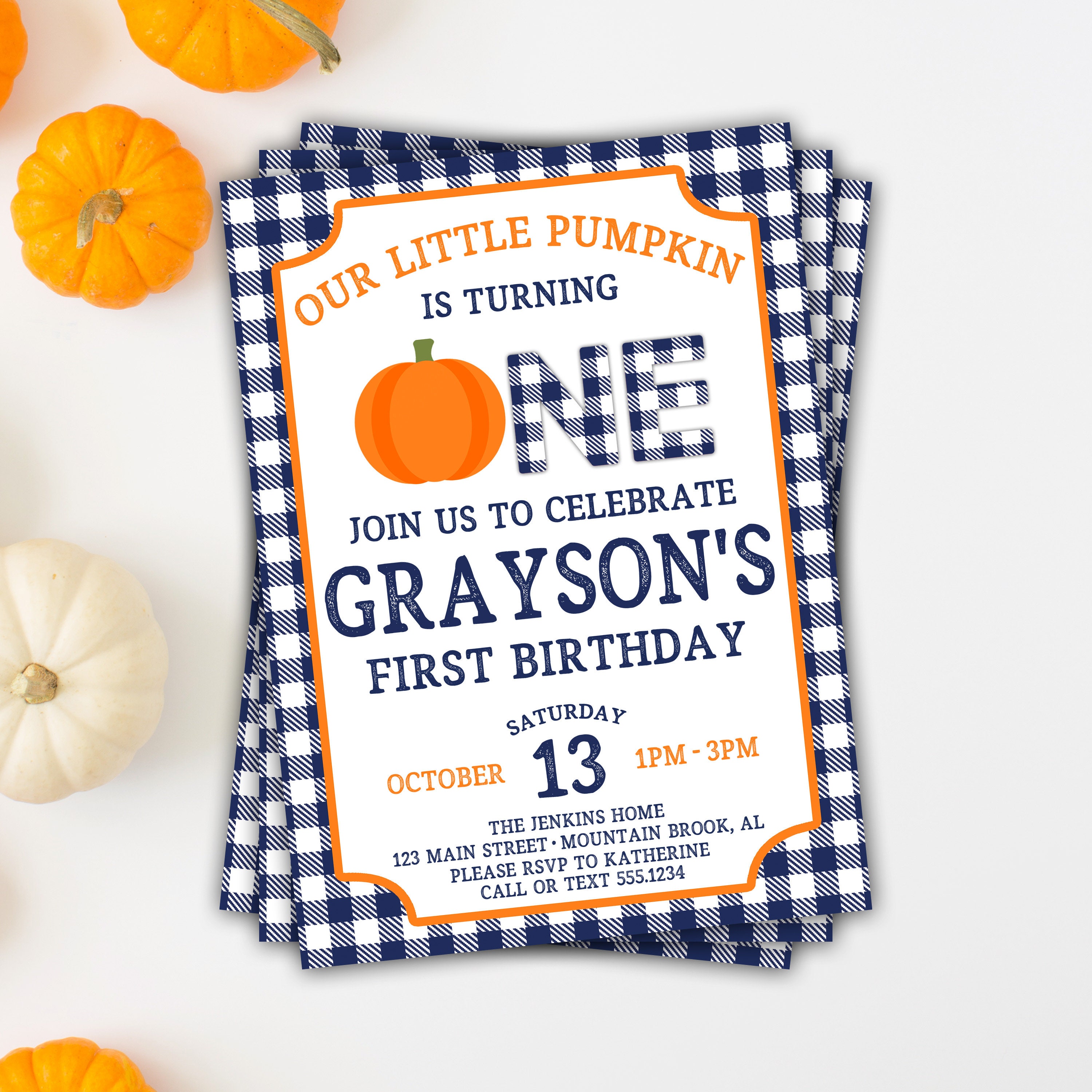 Pumpkin Birthday Invitation, First Fall Birthday, Boy Buffalo Plaid