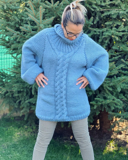 Chunky Wool Sweater, Turtleneck Jumper, Women Pullover, Cable Knit Wool, Blue Sweater, Winter