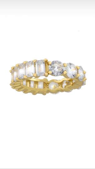 Half Band Eternity Band/ Ring. Baguette/Round Sterling Silver & Rhodium/Gold Plated Sizes 5-9