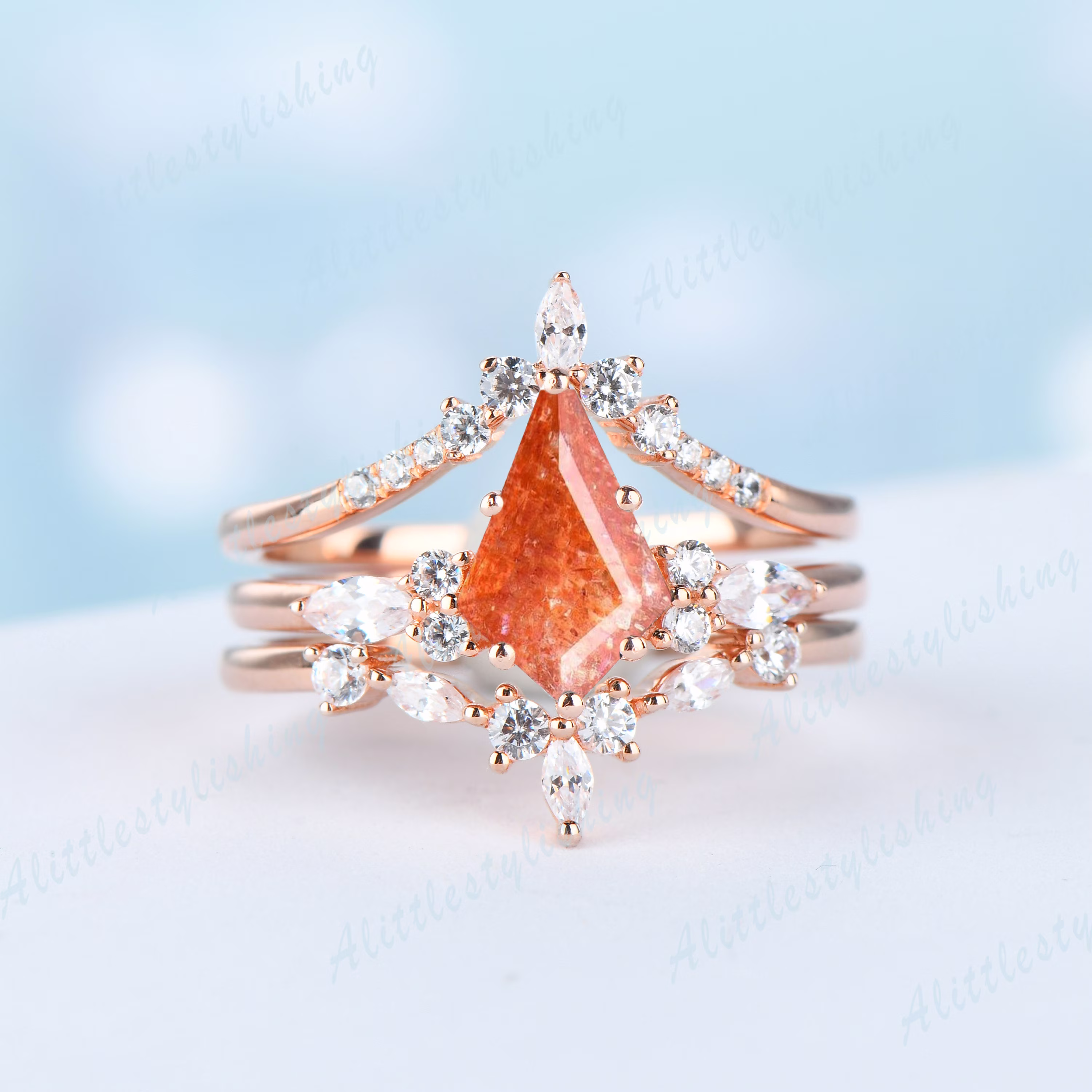 3Pcs Bridal Set, Kite Cut Sunstone Engagement Ring 14K Rose Gold Wedding Jewelry, Unique Curve Band, Art Deco Set