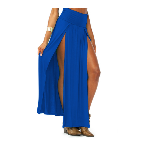 Women Cotton Blend Sexy Trends Double Slits Open Rayon Knit Long Maxi Skirt - Blue