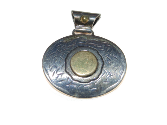 925 Vintage Estate Large Oval Sterling Silver & Brass Statement Pendant Mexico Taxco Jewelry Jewellery Birthday Gift For Her Him