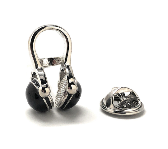 Old School Headphones Pin Lapel Music Silver With Black Enamel 3D Design Rock Group Tie Tack Gift For Musician Drum Set