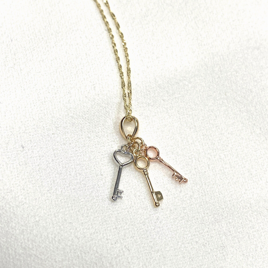 Real 14K Tri Color Gold Three Keys To My Heart Pendant Luck Charm Necklace, Tone 3 Necklace With Singapore Chain