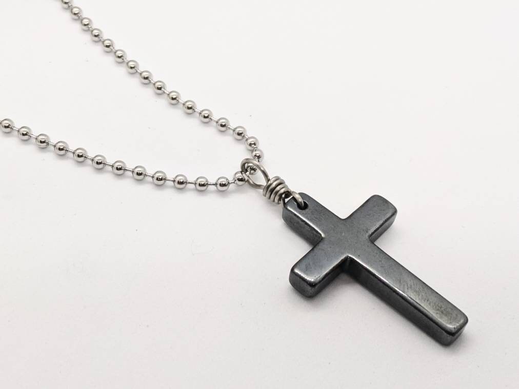 Mens Cross Necklace, Black Hematite Stone Pendant For Men, Unisex On Stainless Steel Ball Chain