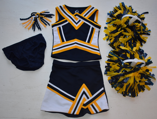 5/6 Navy Blue Gold & White Cheerleader Outfit Uniform Deluxe Pom Poms Bow Girls Size 5-6 6 Piece Set Photo Prop Rams Wv Chargers Colors